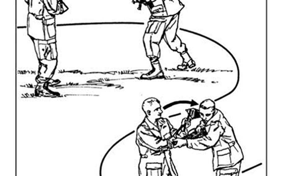 A page from the Army Field Manual shows how an entrenching tool can be used as a weapon.