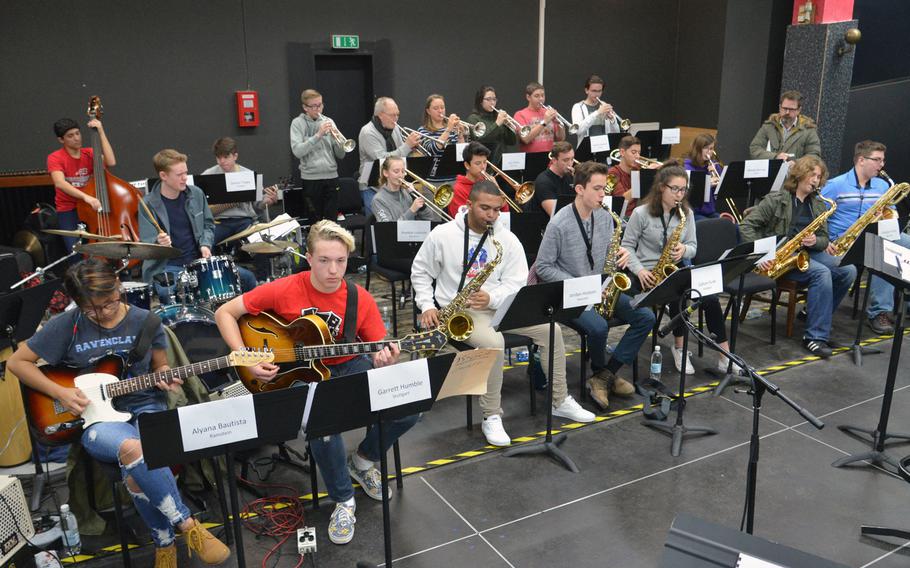 The DODDEA-Europe jazz big band during a rehearsal at this year's DODEA-Europe jazz seminar in Ramstein, Germany, Tuesday, Jan. 16, 2018. Twenty-four musicians and eight vocalists from eight high schools participated in the annual event.