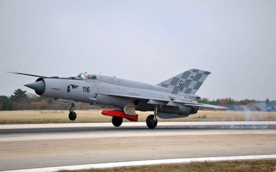 A Croatian MiG-21 takes off on a training mission. The jets, which formed the backbone of the Croatian air force, are due to be retired in the near future.