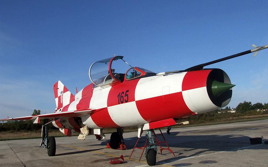 A Croatian twin-seat MiG-21UM. The training version of the Soviet-era interceptor has been painted in the checkerboard pattern of Croatia's coat of arms.