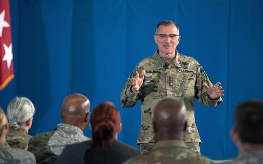 Army Gen. Curtis M. Scaparrotti, NATO Supreme Allied Commander, speaks to members of U.S. European Command about his four command priorities at Patch Barracks, Germany, Sept. 20, 2017.