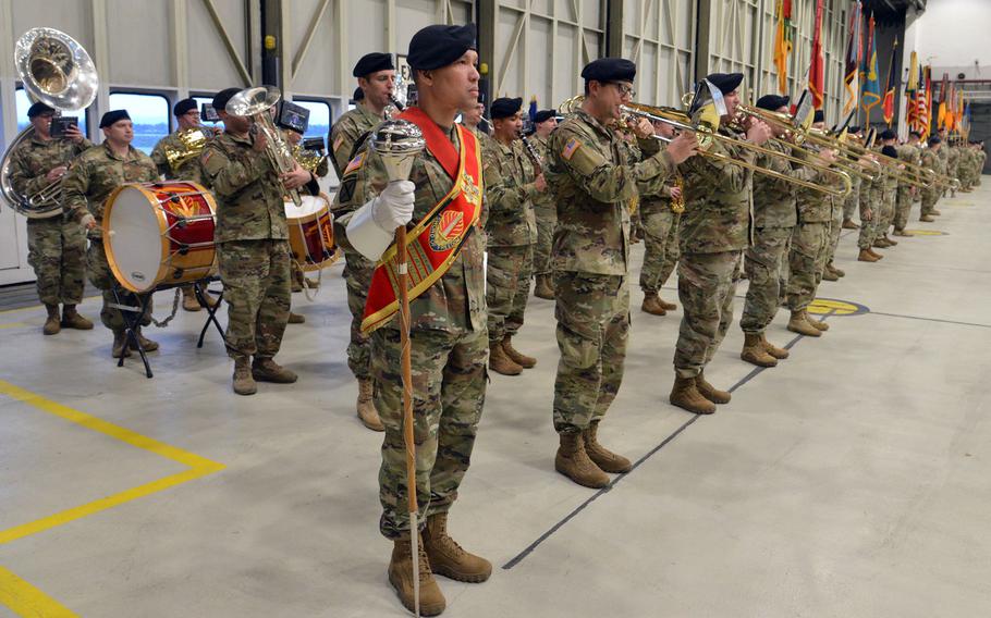 The U.S. Army Europe Band plays before the USAREUR assumption-of-command ceremony for Lt. Gen. Christopher Cavoli at Clay Kaserne in Wiesbaden, Germany, Thursday, Jan. 18, 2018.