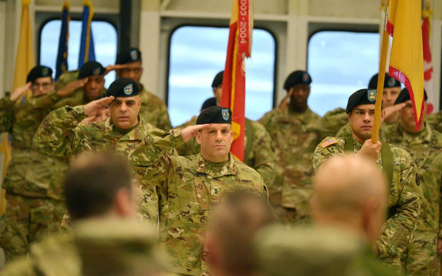 Maj. Gen. Steven Shapiro, commander of the 21st Theater Sustainment Command, salutes during the rendering of honors at the assumption-of-command ceremony for the new U.S. Army Europe commander, Lt. Gen. Christopher Cavoli, at Clay Kaserne in Wiesbaden, Germany, Thursday, Jan. 18, 2018.