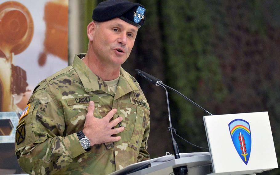 The new U.S. Army Europe commander, Lt. Gen. Christopher Cavoli, talks about growing up and serving in Europe during the assumption-of-command ceremony at Clay Kaserne in Wiesbaden, Germany, Thursday, Jan. 18, 2018.
