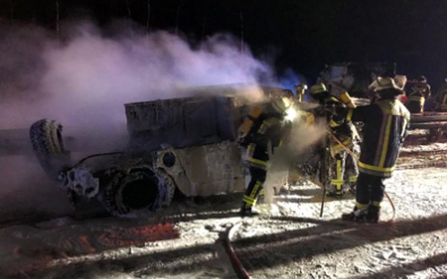 A U.S. Army Humvee caught on fire while being towed on autobahn A93  near Regnitzlosau, Germany, in Bavaria on Thursday morning, Jan.18, 2018. The autobahn had to be closed in both directions for the fire department to put out the blaze.