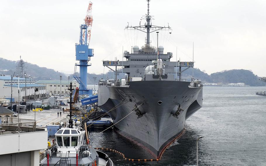 After 19 months in dry dock, the USS Blue Ridge sits pier side at Yokosuka Naval Base, Japan, Monday, Jan. 22, 2018.