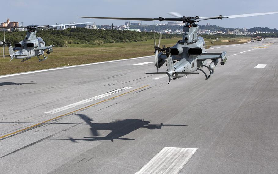 AH-1Z Vipers take off at Marine Corps Air Station Futenma, Okinawa, Japan, Feb. 14, 2017.