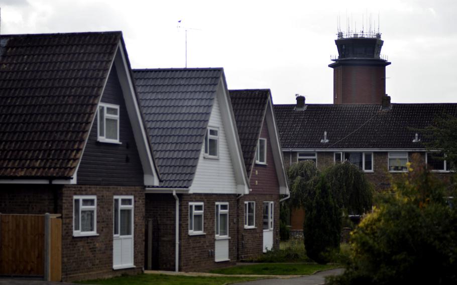 A view of the RAF Mildenhall radio tower from the nearby village of Beck Row, England, Oct. 3, 2017. Public housing and commercial businesses surround most of the base's perimeter.