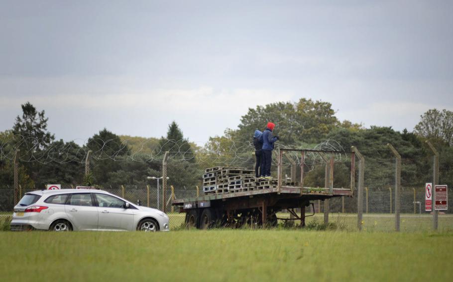 Aviation enthusiasts take pictures of a flight from RAF Mildenhall, England, at the Nook Campsite, Oct. 3, 2017. Visitors can pay to stay for a day or overnight.