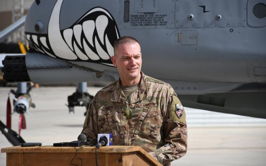 Air Force Brig. Gen. Lance Bunch is pictured here speaking at a news conference to announce the arrival of a squadron of A-10 Thunderbolt II and additional MQ-9 Reaper aircraft at Kandahar Air Field, Afghanistan, on Tuesday, Jan. 23, 2018.