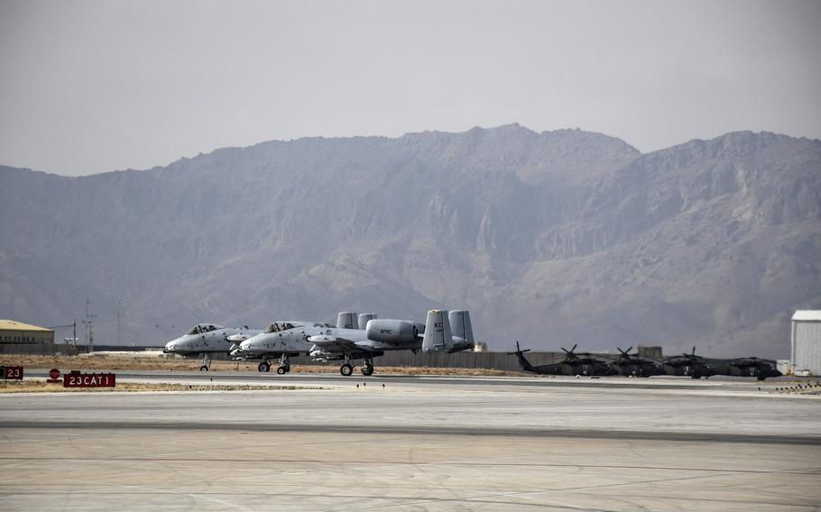 A pair of A-10 ''Warthog'' Thunderbolt II warplanes prepare to take off on a missoin from Kandahar Air Field on Tuesday, Jan. 23, 2018. The A-10s arrived in country on Friday, Jan. 19, 2018, and began flying close air support missions almost immediately.