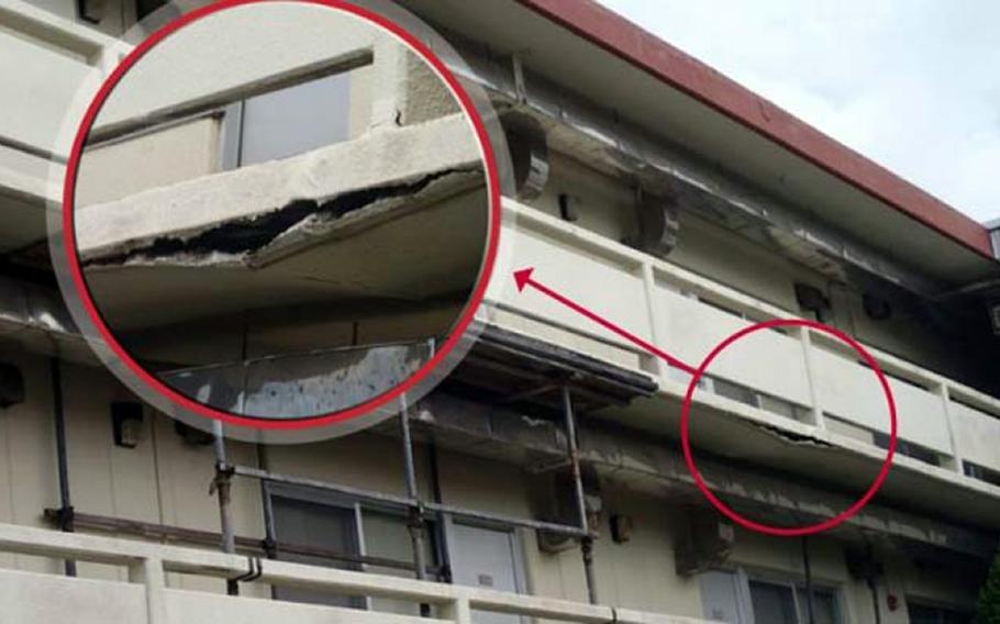 This undated images from the Department of Defense Inspector General's 2014 Military Housing Inspections report shows a walkway at Marine Corps Air Station Futenma, Okinawa.