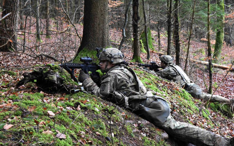 U.S. Army soldiers guarding their position during the Allied Spirit VIII exercise in Hohenfels, Germany, Monday, Jan. 29, 2018.