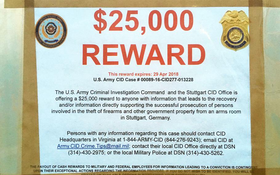 Reward money has more than doubled as the Army continues its investigation into the theft of weapons from a Stuttgart, Germany, arms depot in 2016.

