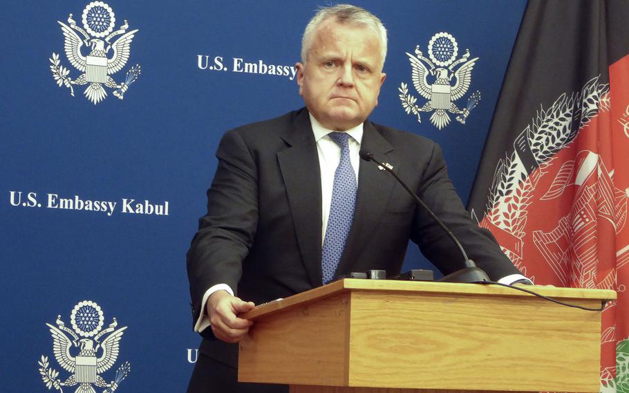 Deputy Secretary of State John J. Sullivan speaks to the media at the U.S. Embassy in Kabul on Tuesday, Jan. 30, 2018. Sullivan was in Kabul to reiterate the U.S. commitment to supporting Afghanistan in its struggle for peace until conditions on the ground improve, a tenet of the Trump administration's South Asia policy.