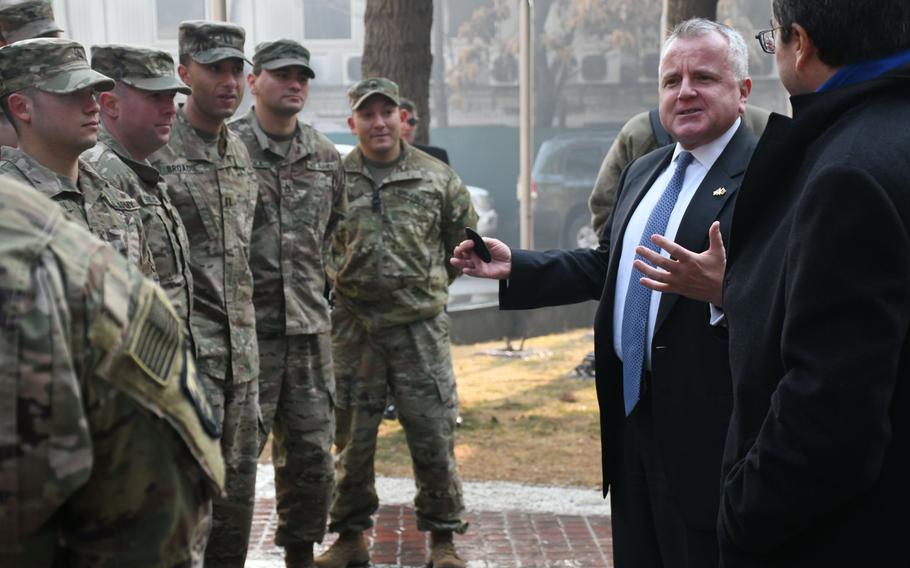 Deputy Secretary of State John J. Sullivan speaks to U.S. troops at NATO's Resolute Support headquarters in Kabul, Afghanistan, on Tuesday, Jan. 30, 2018.