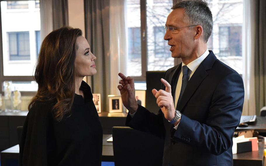 Angelina Jolie, U.N. High Commissioner for Refugees special envoy, with NATO Secretary-General Jens Stoltenberg at NATO headquarters in Brussels on Wednesday, Jan. 31, 2018.