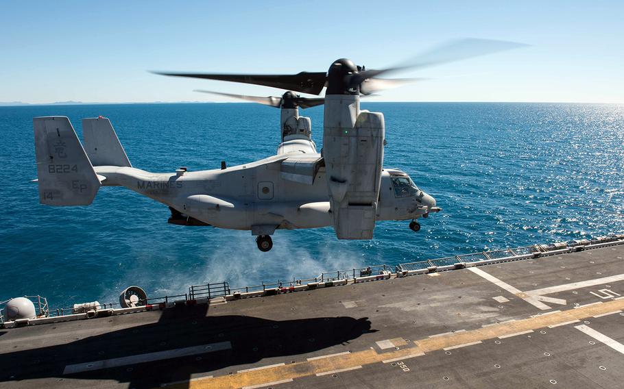 An MV-22B Osprey, assigned to Marine Medium Tiltrotor Squadron 265, takes off from the USS Bonhomme Richard in the Coral Sea during Talisman Saber, July 20 , 2017.