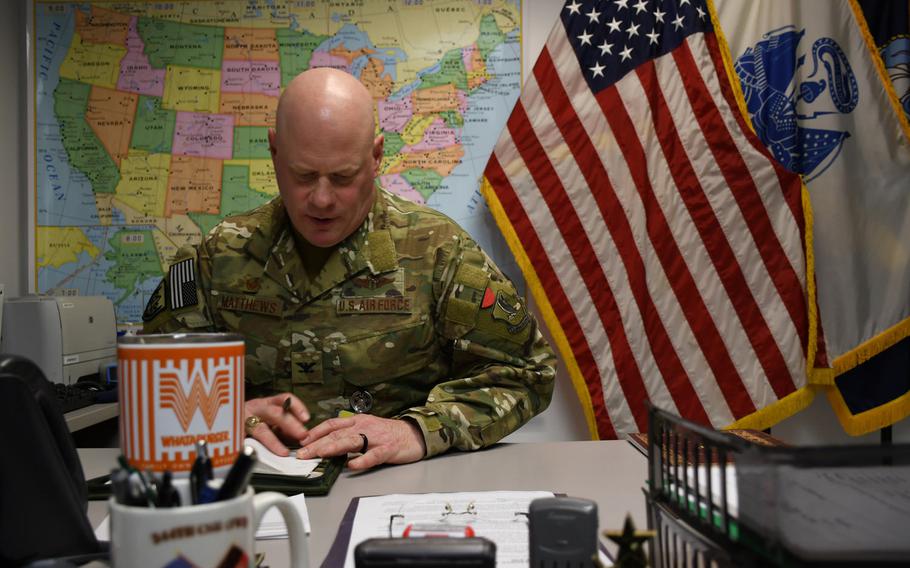 Col. Walter "Sparky" Matthews, head of the hospital at Bagram Air Field and the medical task force distributed throughout Afghanistan, is pictured here updating his appointment book on Monday, Jan. 29, 2018.