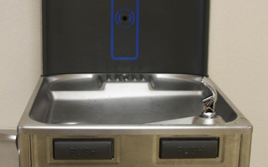 A water bottle-filling station is among the many perks at the new Kadena Elementary School, which officially opened Wednesday, Feb. 28, 2018.