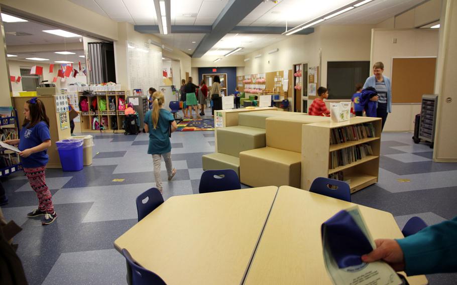 The bustling first-grade neighborhood at the new Kadena Elementary School is pictured on Wednesday, Feb. 28, 2018.