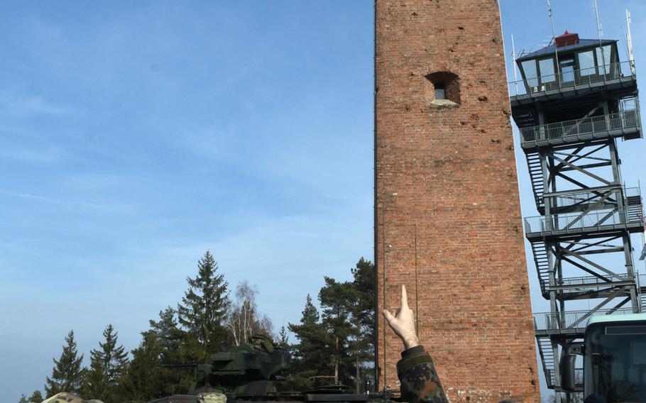 U.S. and German Army soldiers show German mayors and community leaders an aged observation tower during exercise Dynamic Front, at Grafenwoehr, Germany, Monday, March 5, 2018. 

Martin Egnash/Stars and Stripes