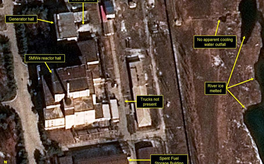 38 North said the reactor at North Korea's Yongbyon nuclear complex shows signs of operation, including steam vapor plumes from the generator hall and nearby river ice melt.
