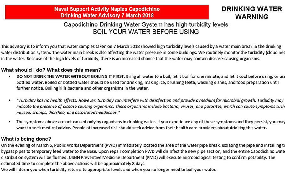 The Navy issued a health advisory and sent most personnel home Wednesday after a broken pipe turned water murky and made the pressure too low to flush some toilets at the Capodichino base.