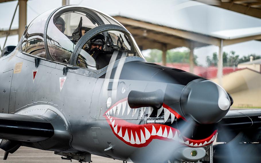 An A-29 Super Tucano takes part in an exercise at Barksdale Air Force Base, La., in 2016.