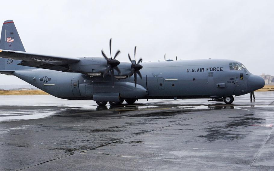 A C-130J Super Hercules assigned to the 374th Airlift Wing sits on the tarmac at Yokota Air Base, Japan, Thursday, March 8, 2018.