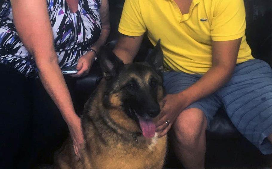 25p bs
Kim Scarborough, right, tactical explosives detection dog Ben and Julio Munoz, his former handler, catch up at Scarborough's Kinston, North Carolina home in August 2017. Scarborough sought to reunite Ben and Munoz after she adopted Ben from the
