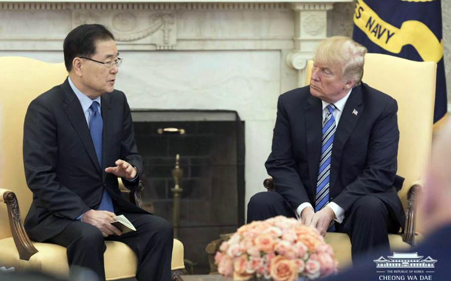 South Korean National Security Adviser Chung Eui-yong speaks to President Donald Trump at the White House, Thursday, March 8, 2018.