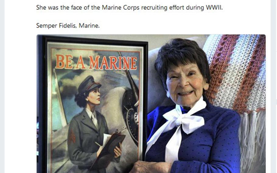Veronica Byrnes Bradley poses with her World War II-era recruiting poster, in a Tweet posted last week by the Marine Corps.