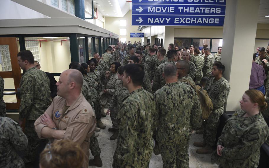 People fill the hallways prior to an all hands call with Defense Secretary Jim Mattis at Naval Support Activity Bahrain, March 15, 2018. Most of these people shown here had to leave due to overcrowding.