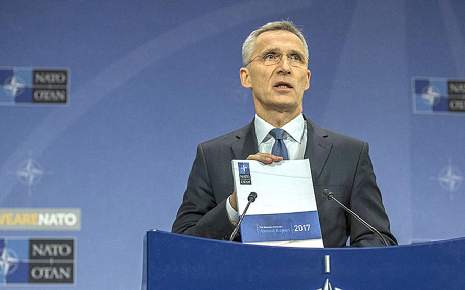 NATO Secretary-General Jens Stoltenberg presented the organization's annual report at its headquarters in Brussels, Belgium, Thursday, March 16, 2018.