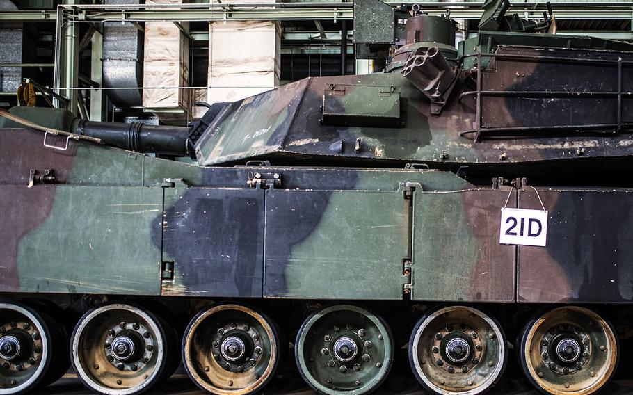 An M1A2 Abrams tank sits ready to be refurbished at the Heavy Equipment Division on Camp Carroll, South Korea, Tuesday, March 6, 2018.
