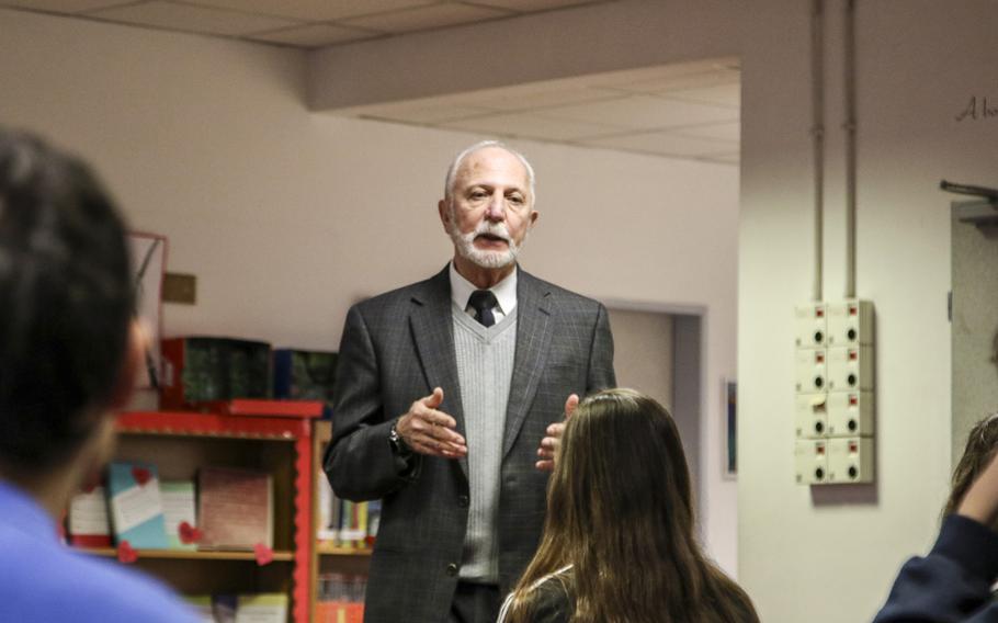 Roger Sabbadini, a California physiologist and author, told Vicenza High School history students the story of his father on March 15, 2018. Alessandro Sabbadini escaped Fascist Italy to fight with the U.S. Army in his home country.