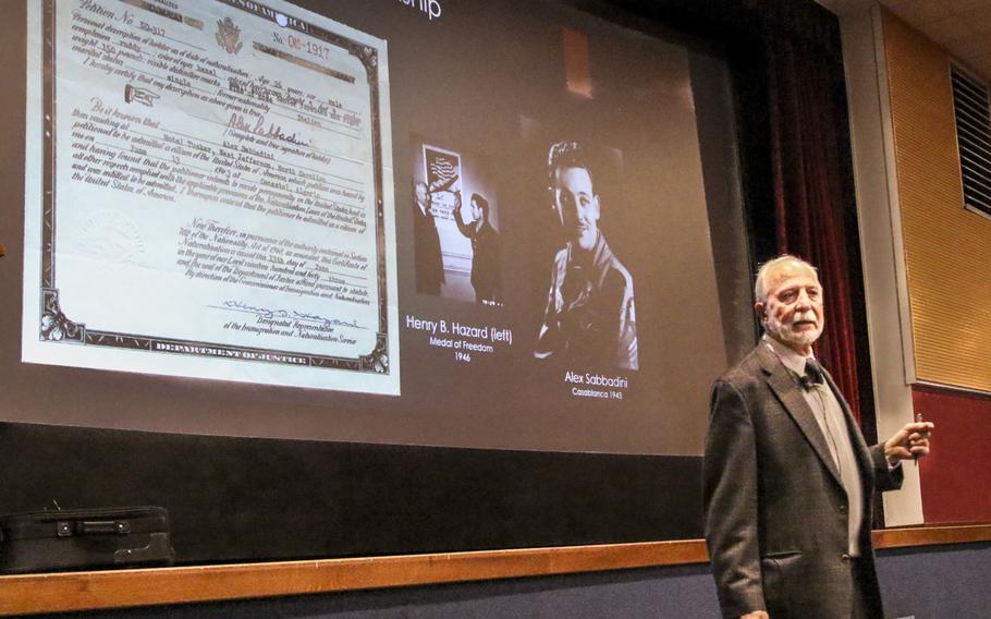 Author Roger Sabbadini discusses his father Alessandro Sabbadini's flight from Fascist Italy at a talk Thursday, March 15, 2018, sponsored by U.S. Army Africa at Casema Ederle. Sabbadini became a U.S. soldier on the battlefield in Italy during WWII.