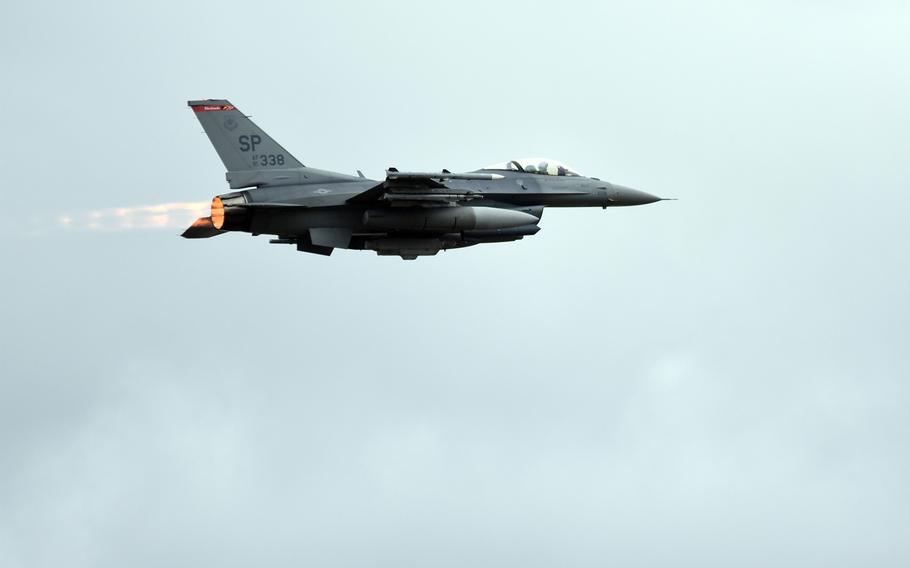 An F-16 assigned to the 480th Fighter Squadron at Spangdahlem Air Base, Germany, takes off Tuesday, March 13, 2018, from Spangdahlem during a basewide exercise. Airmen and F-16s deployed to Germany from the Ohio National Guard also participated in the exercise, the largest of its kind at Spangdahlem in at least 18 months.
