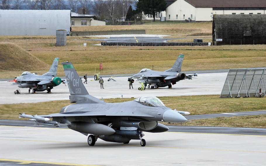 Ohio National Guard F-16 fighter jets from the 112th Expeditionary Fighter Squadron, deployed to Europe from Toledo, prepared for training on Tuesday, March 13, 2018, at Spangdahlem Air Base, Germany. The jets were participating in a basewide exercise with Spangdahlem personnel.