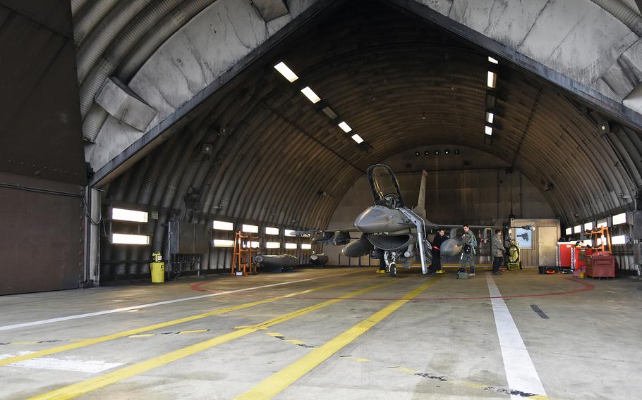 Final preparations before flight are made on Tuesday, March 13, 2018, on an F-16 assigned to the 480th Fighter Squadron at Spangdahlem Air Base, Germany. Flying operations were done almost daily during a two-week, basewide readiness exercise that was to conclude Friday.