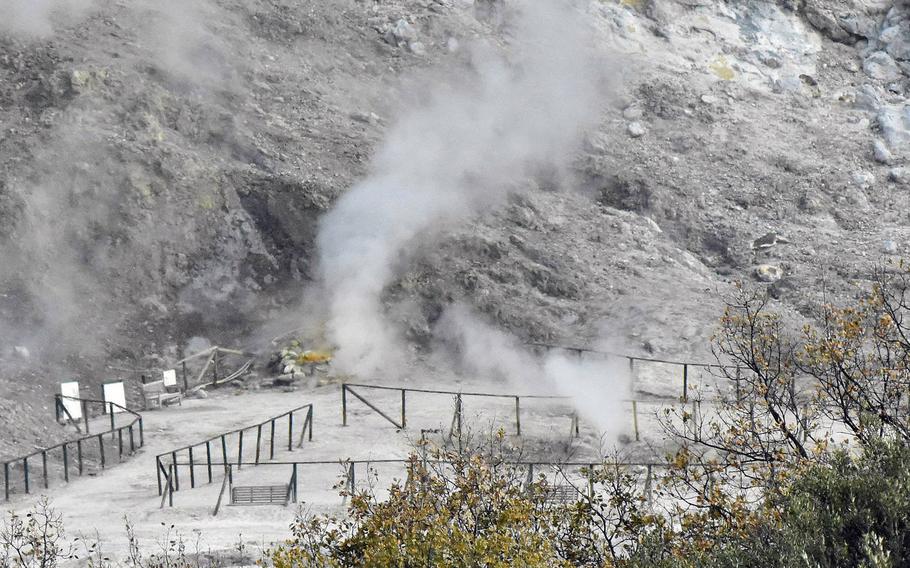 Solfatara, the largest of Campi Flegrei's 24 craters, spews steam almost constantly near Pozzuoli, Italy. Scientists have observed the mammoth underground volcano's magma has begun flowing eastward toward Naples, making it more dangerous.