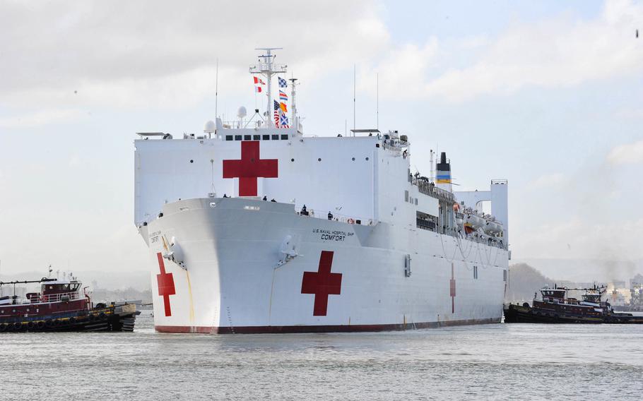 The Military Sealift Command hospital ship USNS Comfort arrives in San Juan, Puerto Rico, Oct. 3, 2017. The Comfort was there to help with Hurricane Maria aid and relief operations. The Navy proposes mothballing one of its two hospital ships to free money to spend on warships, submarines and aircraft.