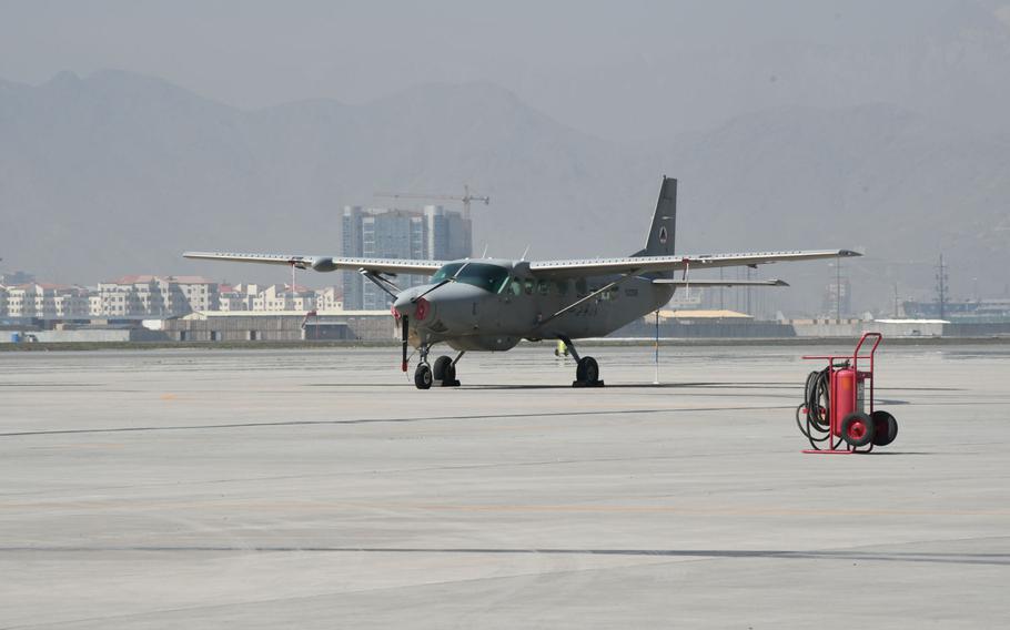 An Afghan air force Cessna 208 Caravan sits at Hamid Karzai International Airport in Kabul on Saturday, March 17, 2018.