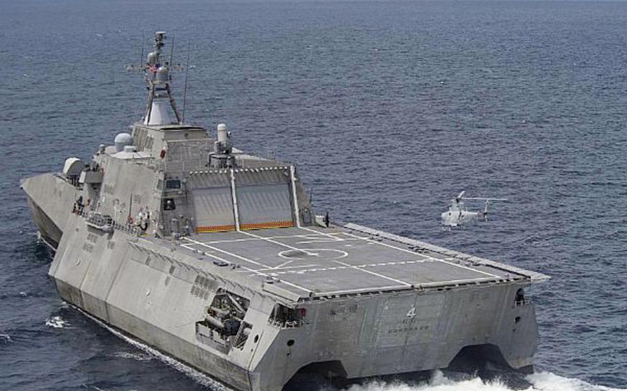 An MQ-8B Fire Scout drone prepares to land aboard the littoral combat ship USS Coronado last year in the Sulu Sea.