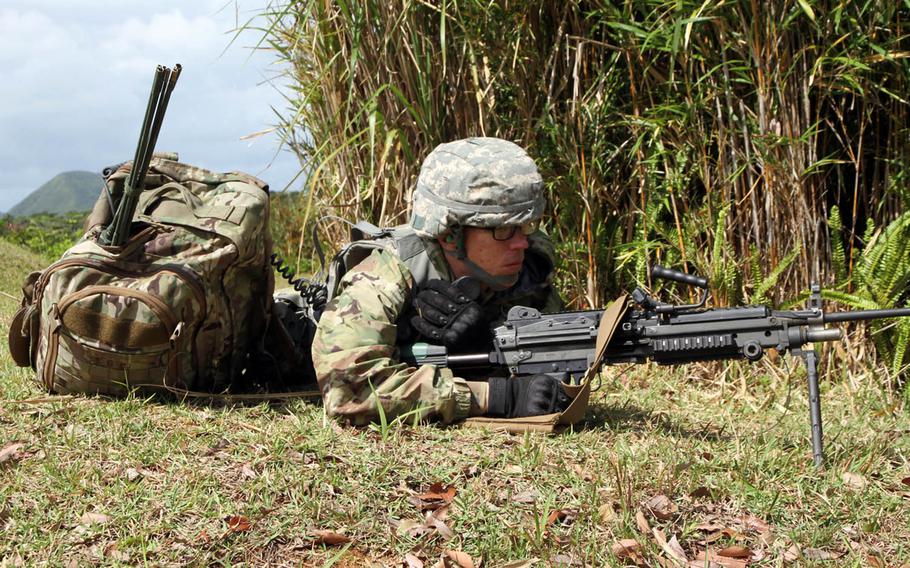 A 10th Regional Support Group soldier takes up a security position during a comprehensive live-fire exercise at Camp Schwab, Okinawa, Wednesady, March 21, 2018.