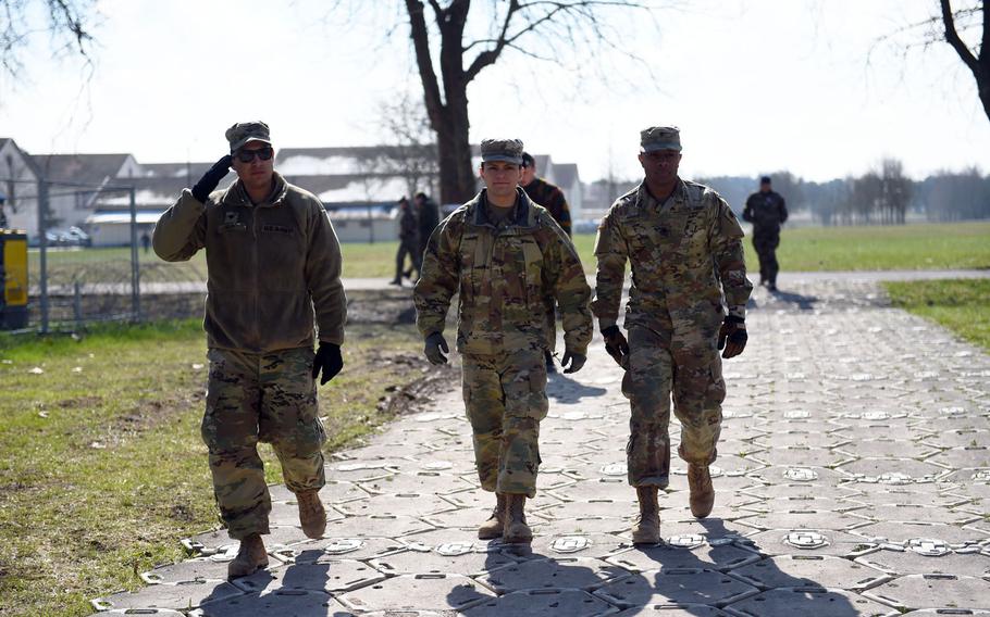 Soldiers with the California National Guard's 40th Infantry Division, walking to the American headquarters during Exercise Citadel Guibert, Wednesday, March 21, 2018. Many soldiers with this division will deploy to Afghanistan this summer.