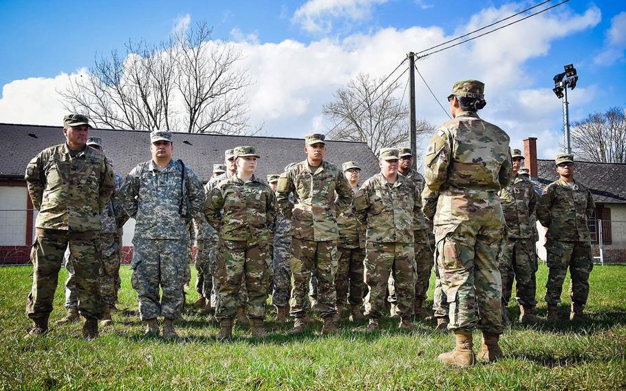 Soldiers from the California National Guard's 40th Infantry Division stand in formation in Mourmelon, France, March 16, 2018. The unit is training there before deploying to Afghanistan.