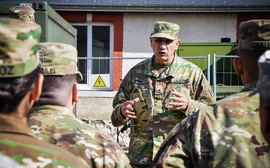 Soldiers from the California National Guard's 40th Infantry Division listen to division commander Brig. Gen. Mark Malanka in Mourmelon, France, March 16, 2018. The unit is training there before deploying to Afghanistan.