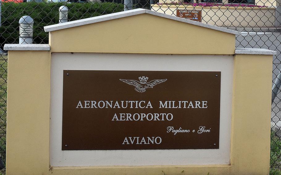 The Italian sign at the main gate of Aviano Air Base, Italy. A Moroccan national working for an Italian company on a project directed by the Italian Air Force was critically injured Thursday afternoon in an accident on base.